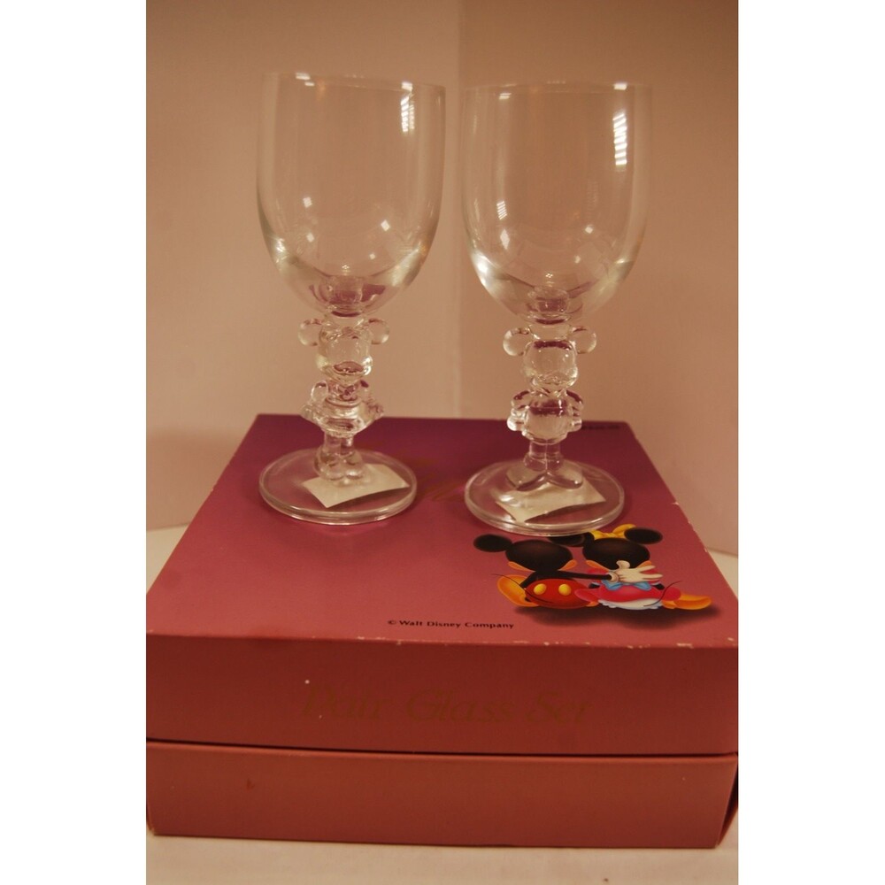 **VINTAGE NEW 1976 Disney Mickey Minnie Mouse Figure Wine Glass Glasses Pair Set